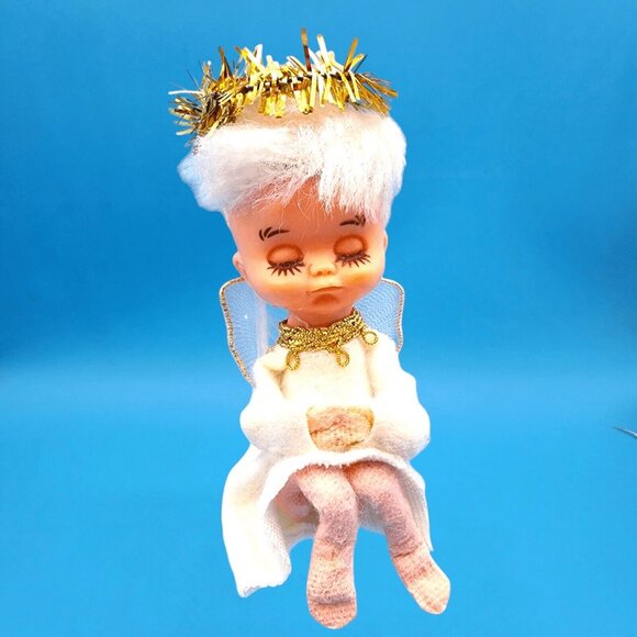 Vintage 1950s Pixie Angel Knee Hugger Ornament Felt Sleepy Eyes Tulle Wings - Picture 3 of 9